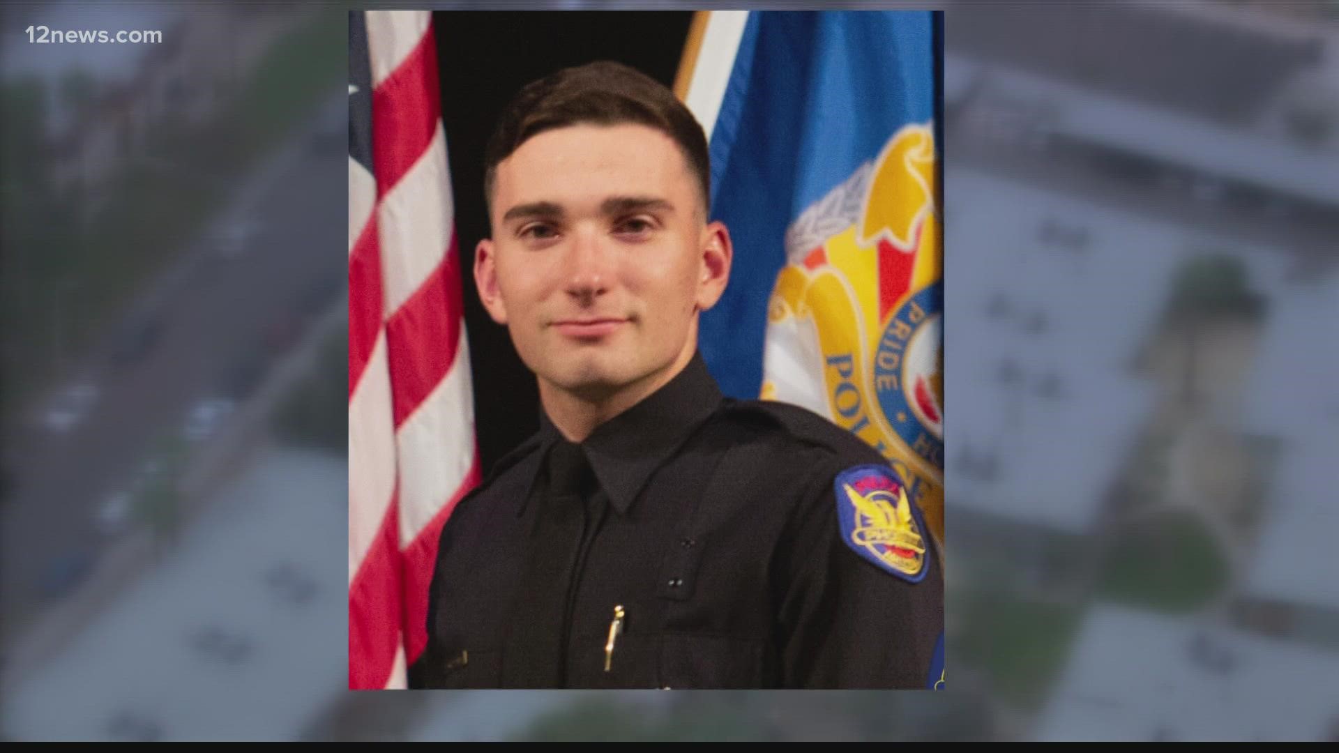 Officer Tyler Moldovan was shot at an apartment complex parking area while officers looked for drivers of vehicles that had been driving erratically.
