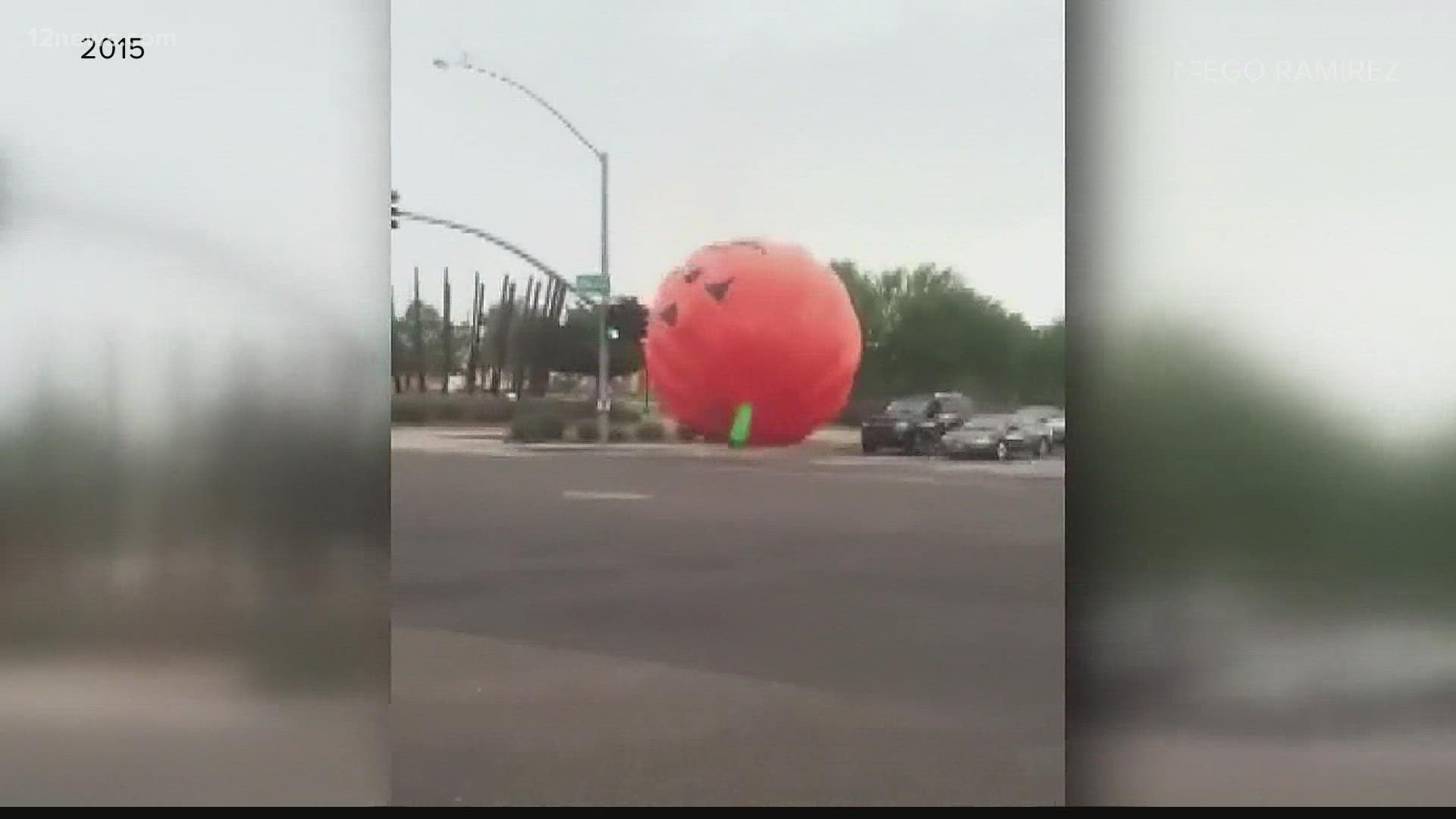 The runaway pumpkin went viral when extreme winds took it for a ride across traffic away from Peoria's Monster Bash.