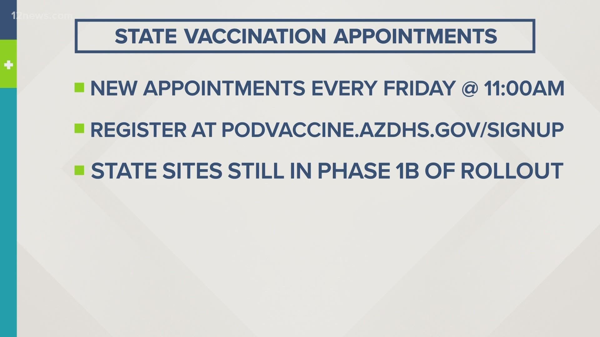 The Arizona Department of Health Services will make new COVID-19 vaccine appointments available each Friday in an effort to get more Arizonans vaccinated.