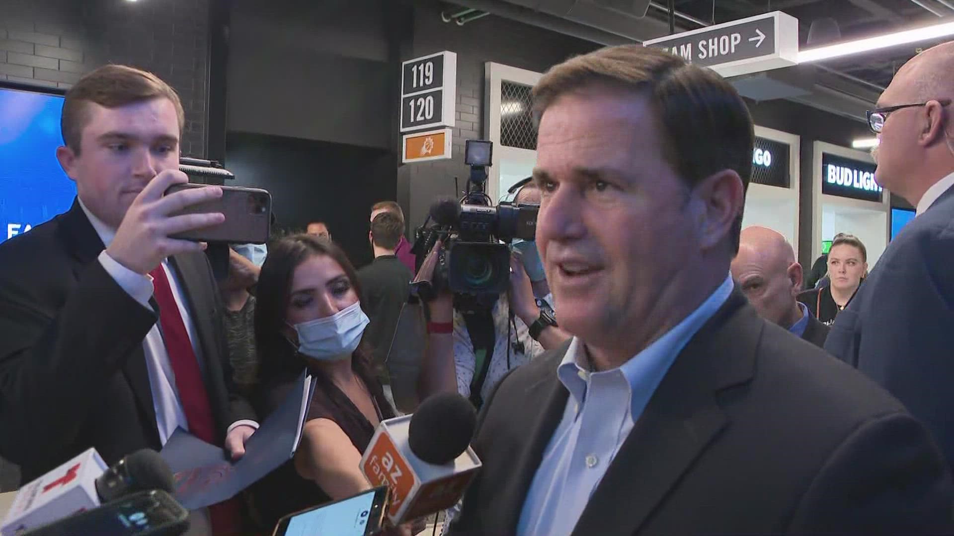 Gov. Doug Ducey at a news conference for sports betting Thursday, responded to the Biden administration's vaccine mandate announced an hour prior.