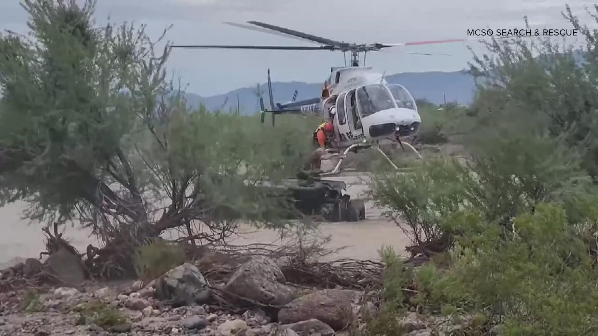 Search and rescue teams used a helicopter to save a 75-year-old from floodwaters in Golden Valley Friday afternoon.