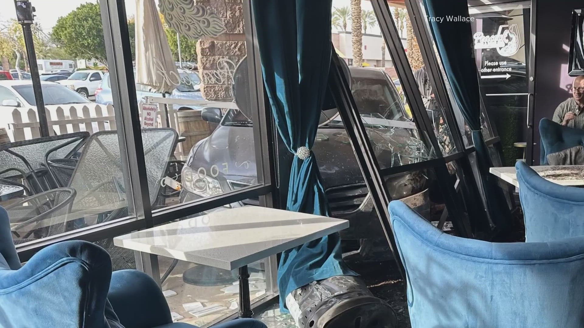 Tracy Wallace, the owner of Peacock Wine and Book Bar, says people were on the patio less than an hour before a car crashed into her business.