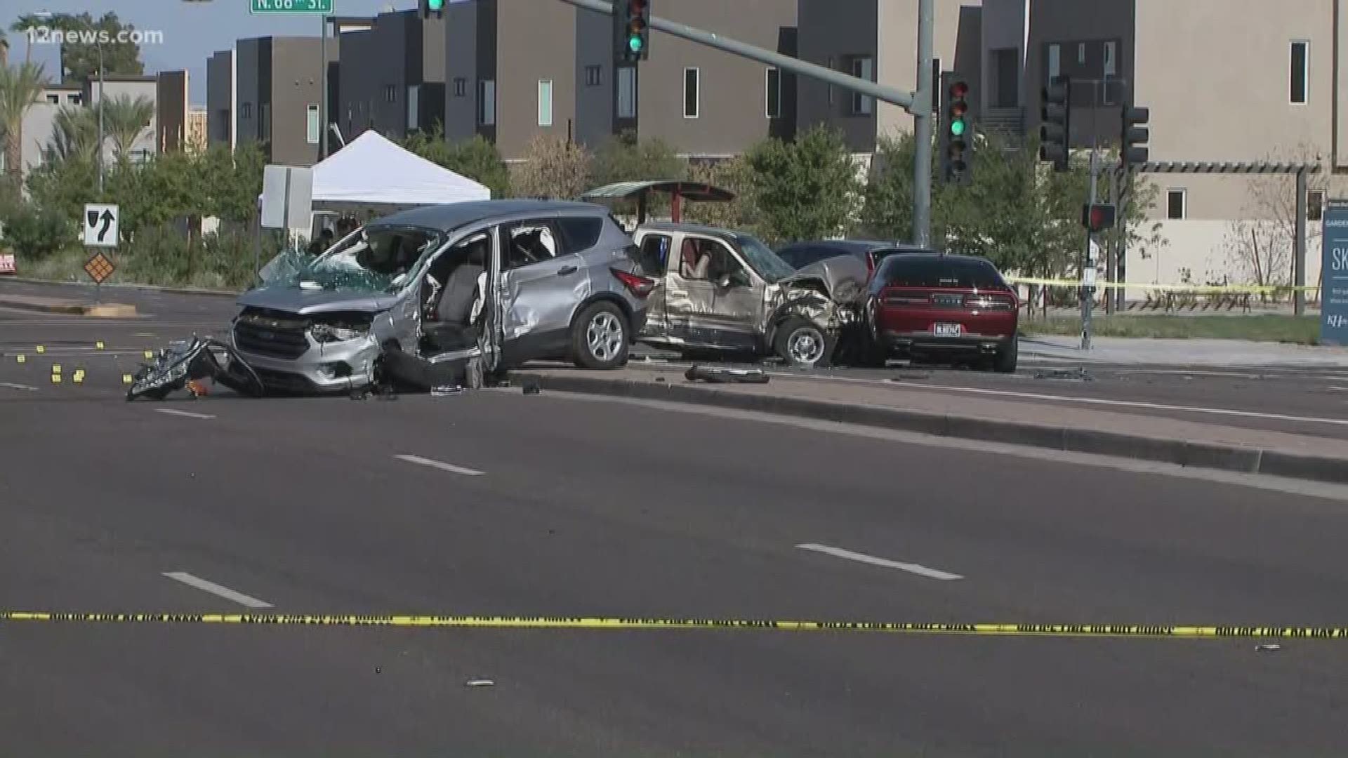 A police chase that started in Scottsdale ends in Tempe with the suspects of a robbery running a red light and causing a major crash involving five cars. The crash happened at 68th Street and McDowell. Five people were sent to the hospital.