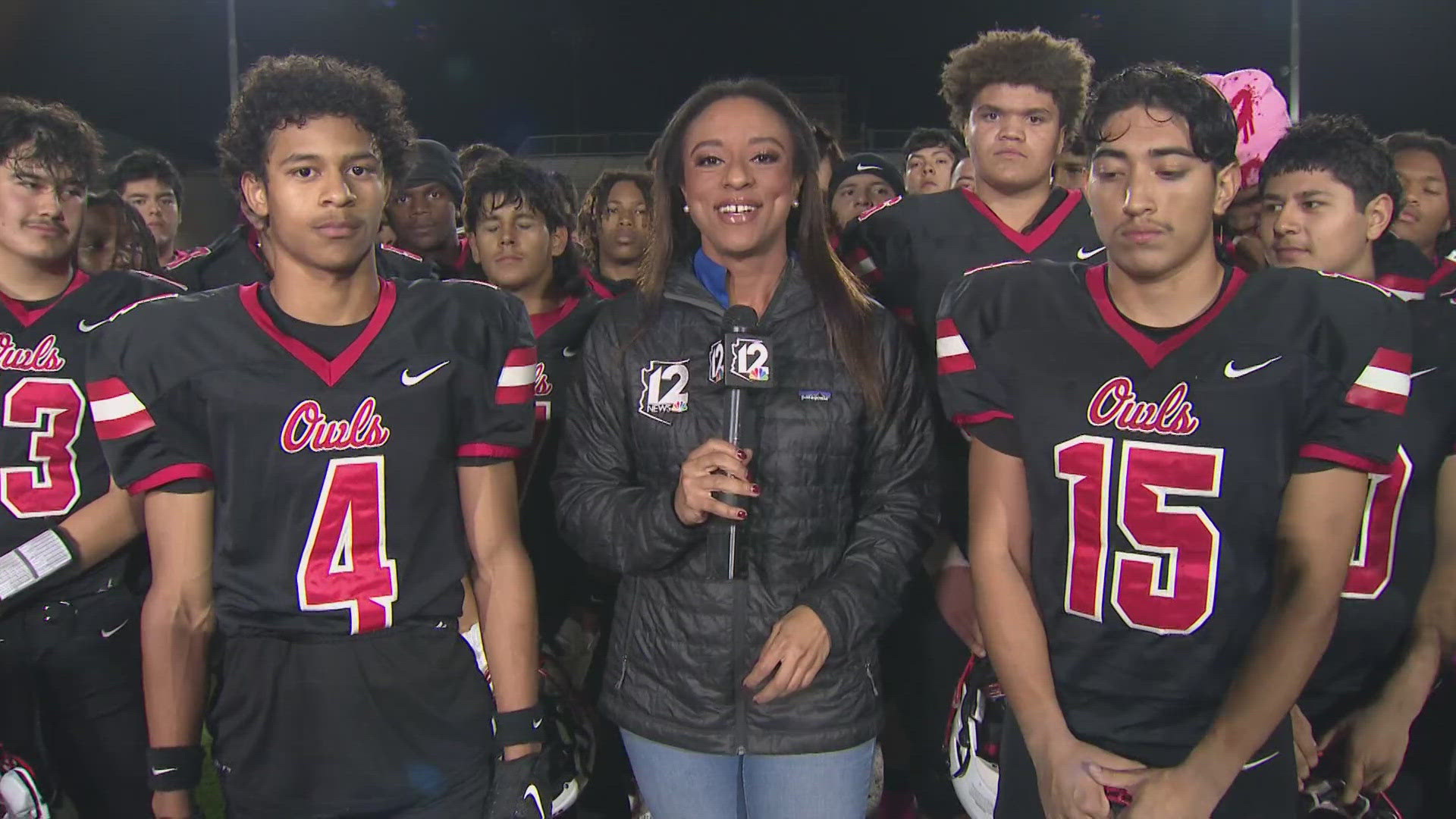 12Sports journalist Lina Washington speaks with two of Agua Fria's top players Xavier Matthews and Adrian Munoz after the Owls' loss to Apollo. 