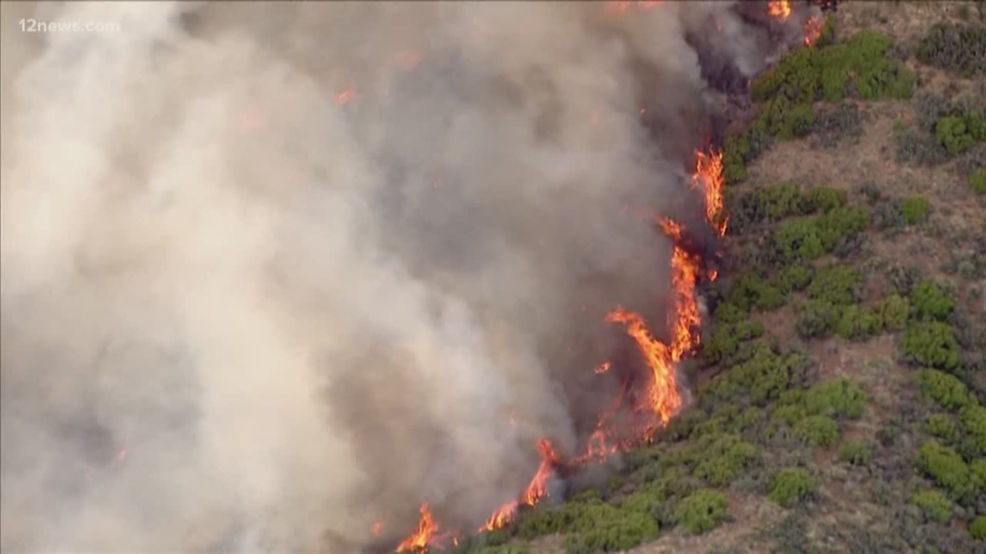 The Woodbury Fire burning in the Superstition Mountains is about 11 miles north of Gold Canyon. It has burned more than 10,000 acres and is zero percent contained.
