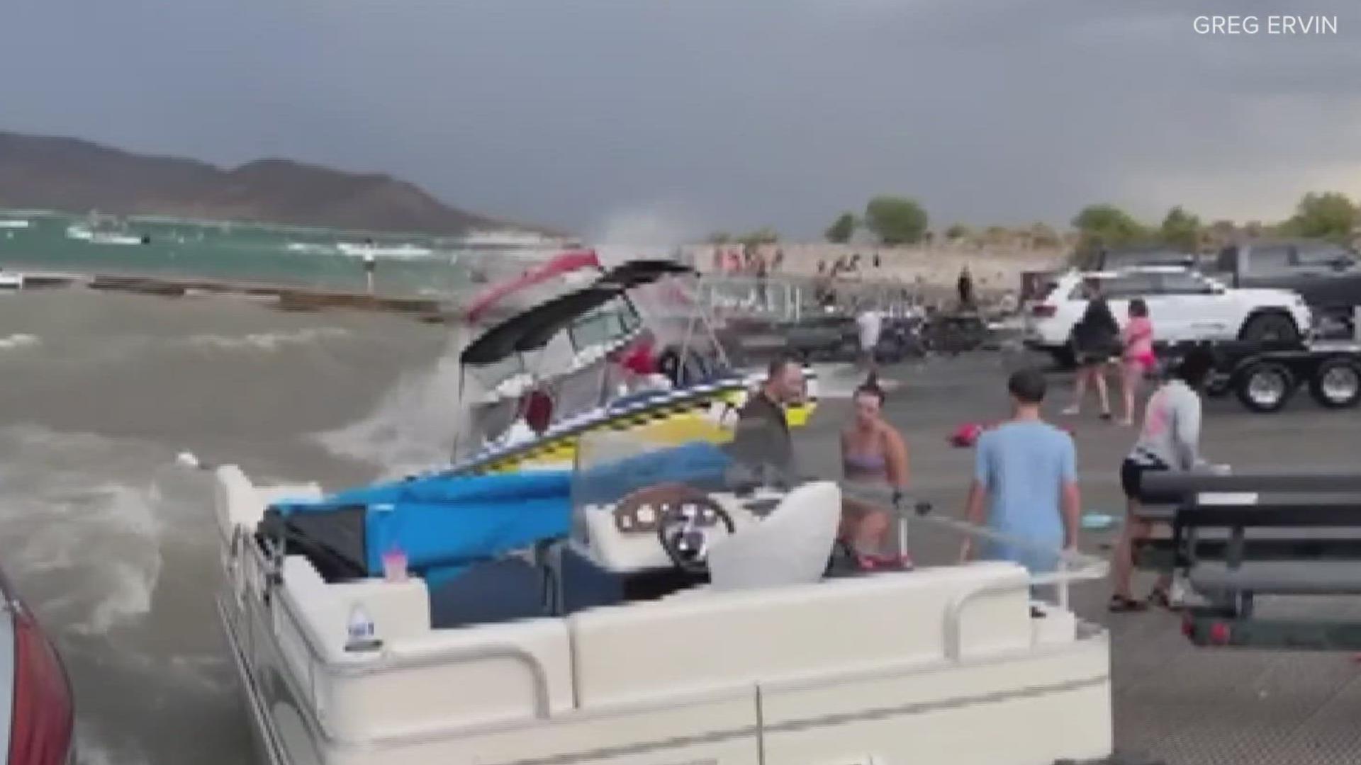 A 12News Weather Watcher sent us video of waves crashing against boats at Lake Pleasant as storms continue across the Valley.