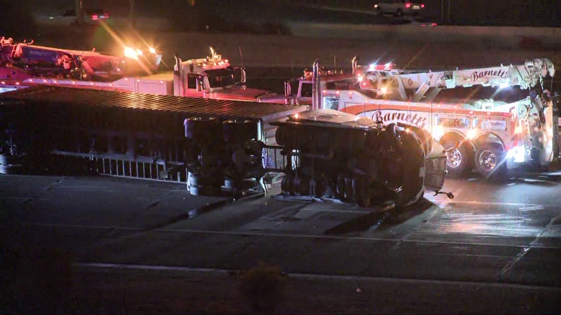 Semi-truck rolls over in multi-vehicle crash along eastbound I-10 in downtown Phoenix Traffic is being diverted off t...