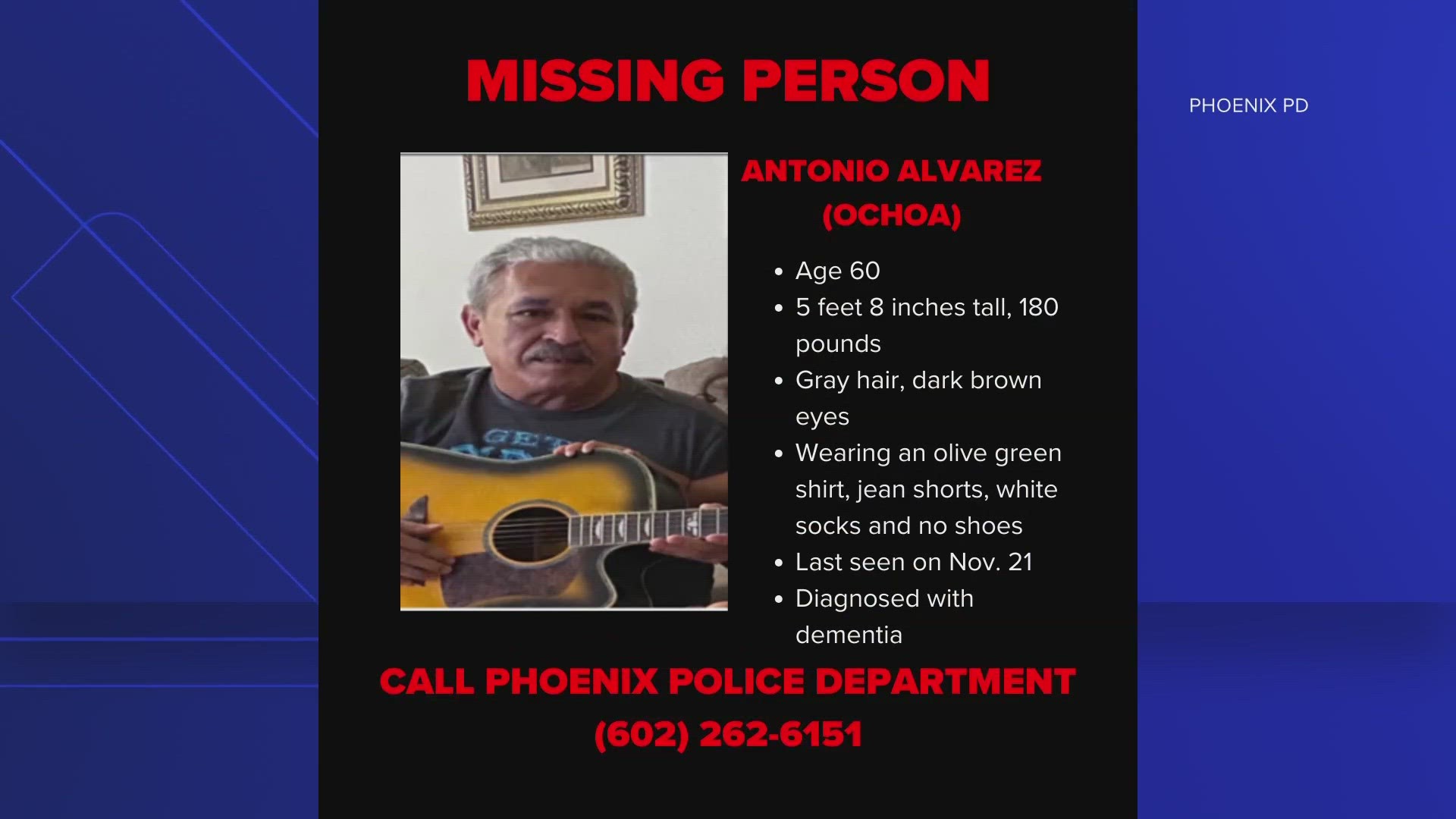 A Valley family is searching for Antonio Alvarez, a 60-year-old man with dementia, who is missing. Watch the video for the latest details.