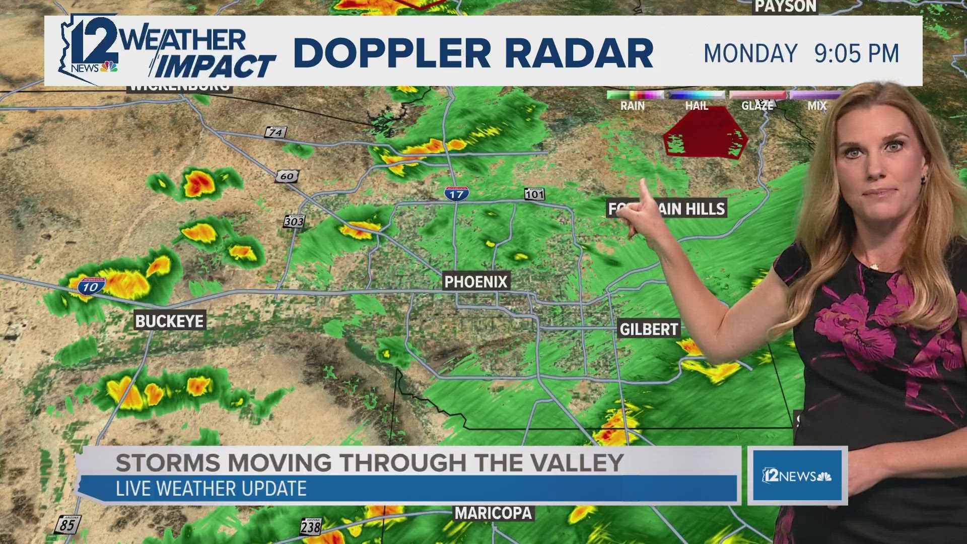 12News meteorologist Lindsay Riley is tracking storms as they move through the Valley Monday night.