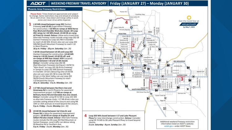 Phoenix weekend traffic restrictions for Jan. 27-30