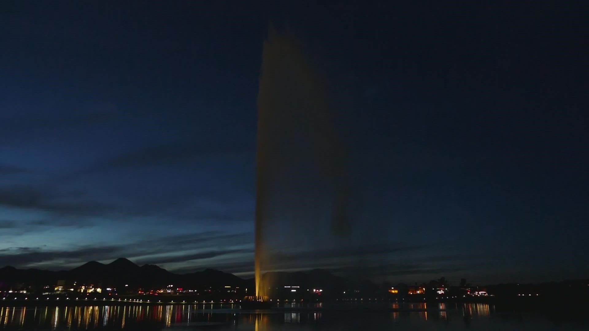 The Fountain Hills fountain is lit up to show support for the Ukrainian people.