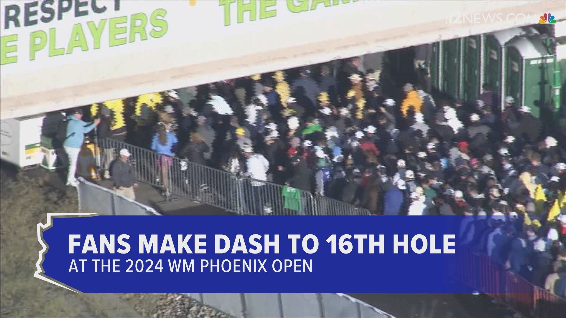 Fan line up early to make the dash to the 16th hole at the TPC Scottsdale during the 2024 WM Phoenix Open.