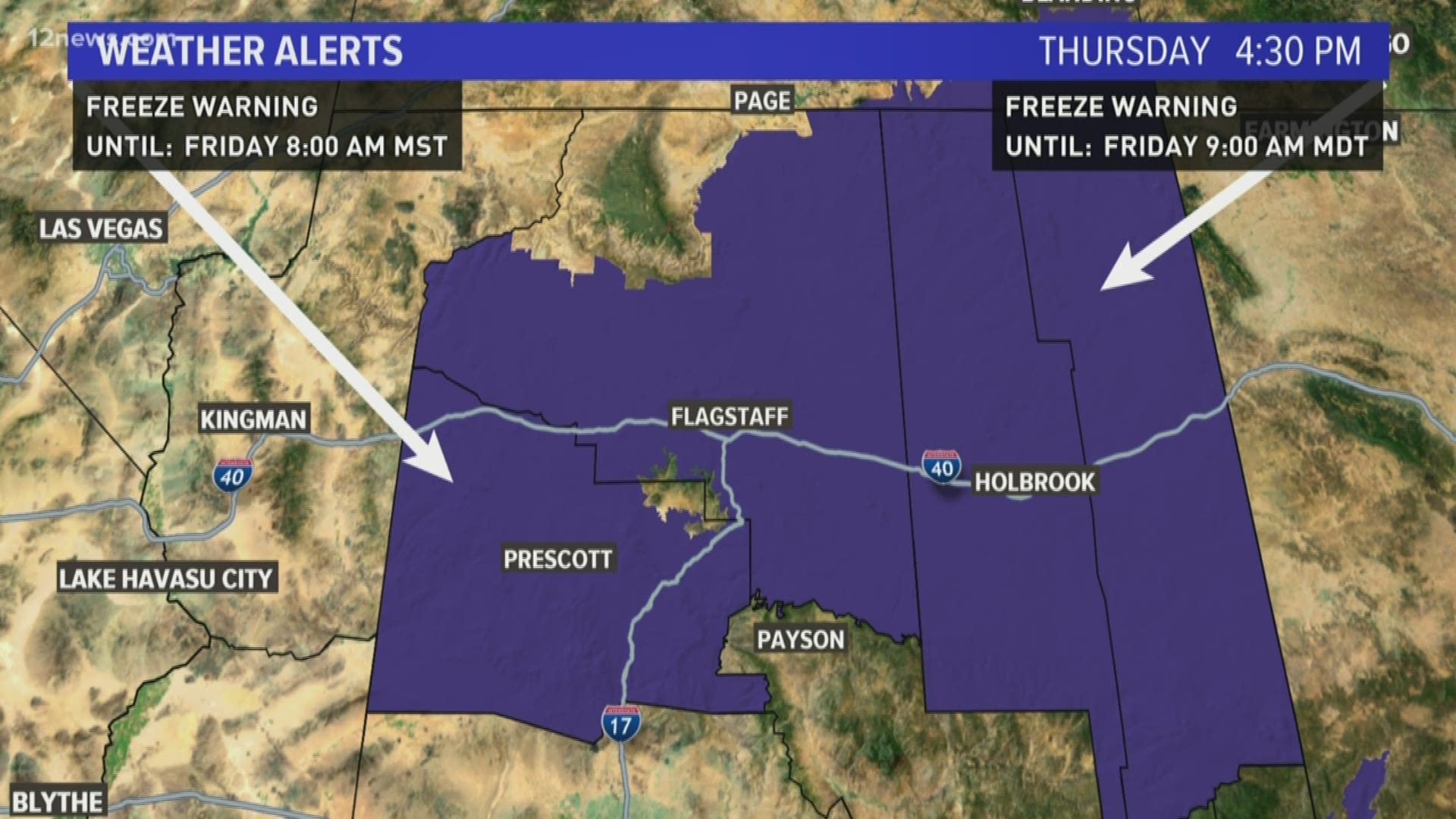 Lows in Northern Arizona will be VERY low Thursday evening. There's a freeze warning in effect for the northern portion of the state.