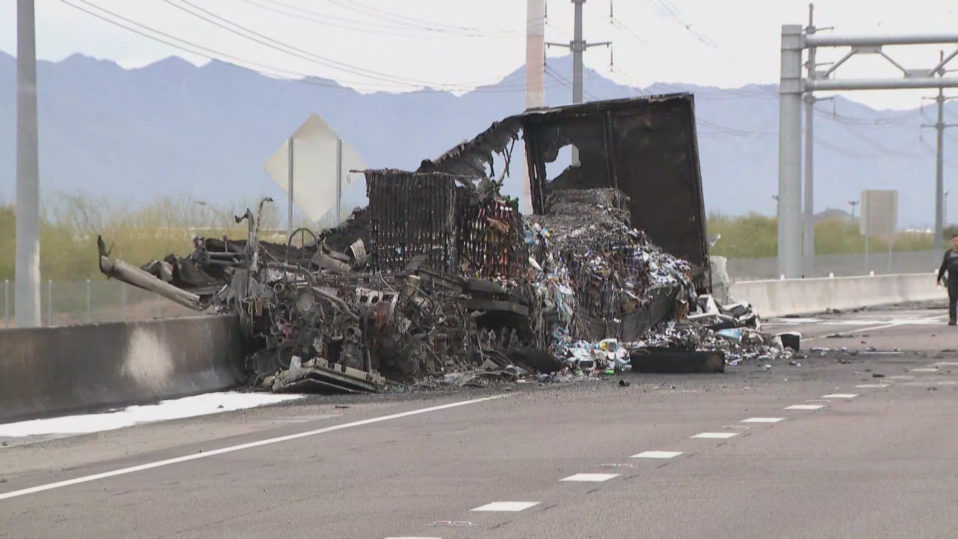 The wrong-way crash resulted in a semi-truck catching fire on Loop 202 in Phoenix.