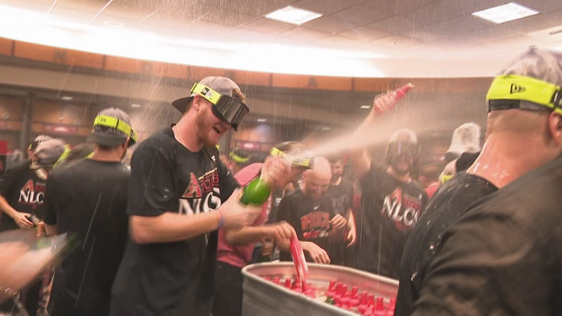 The D-backs celebrated their NLDS sweep of the Dodgers by spraying champagne in the team clubhouse. Here's a look at the celebration