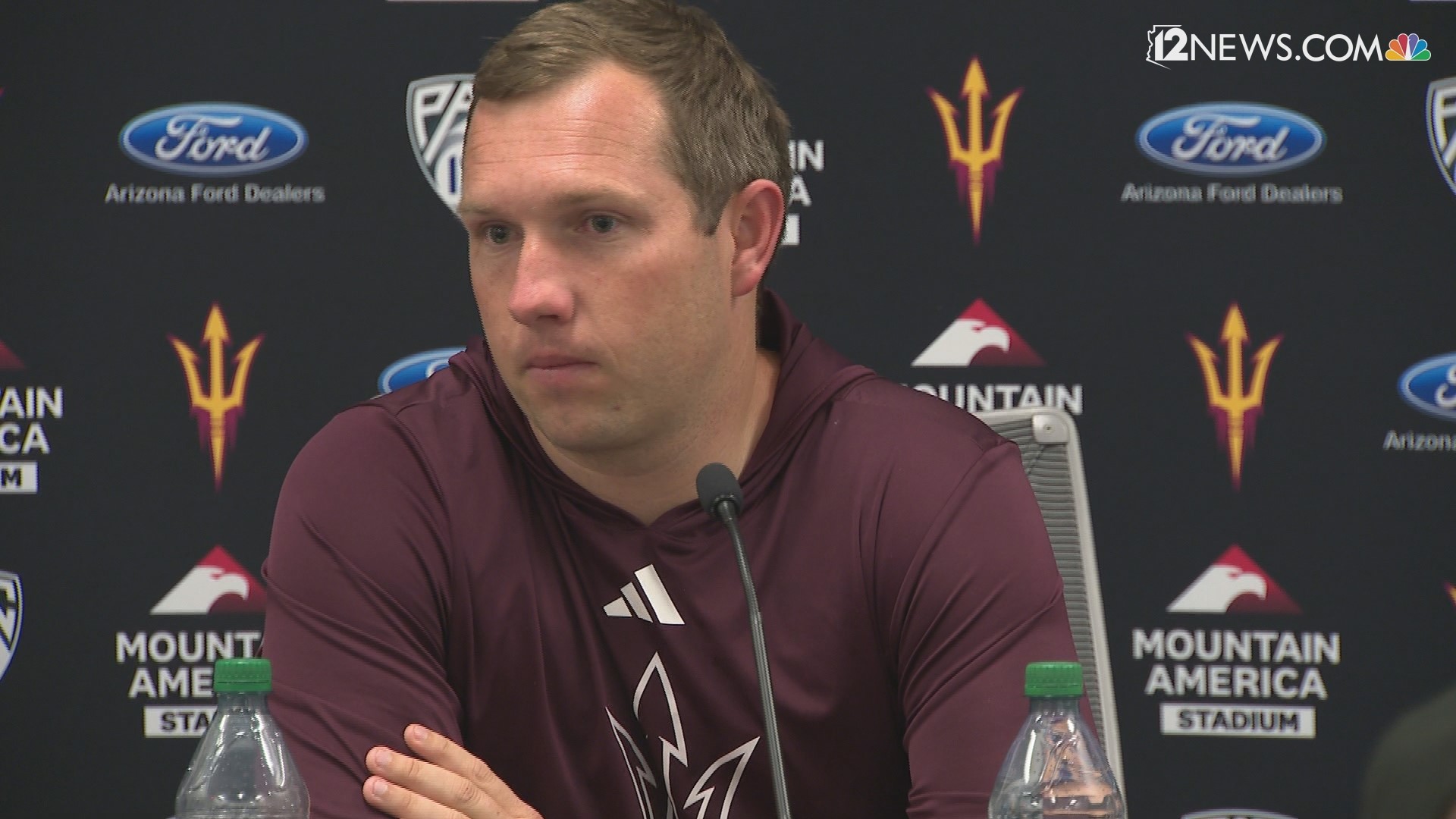 ASU head coach Kenny Dillingham, TE Jalin Conyers, DB Jordan Clark and LB Tre Brown react speak to the media after losing to Arizona in the 2023 Territorial Cup