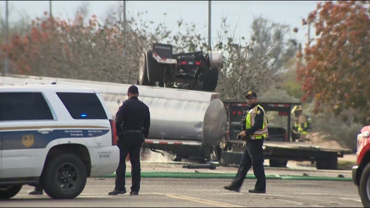 Gasoline tanker dumping fuel in roadway after crash | 12news.com