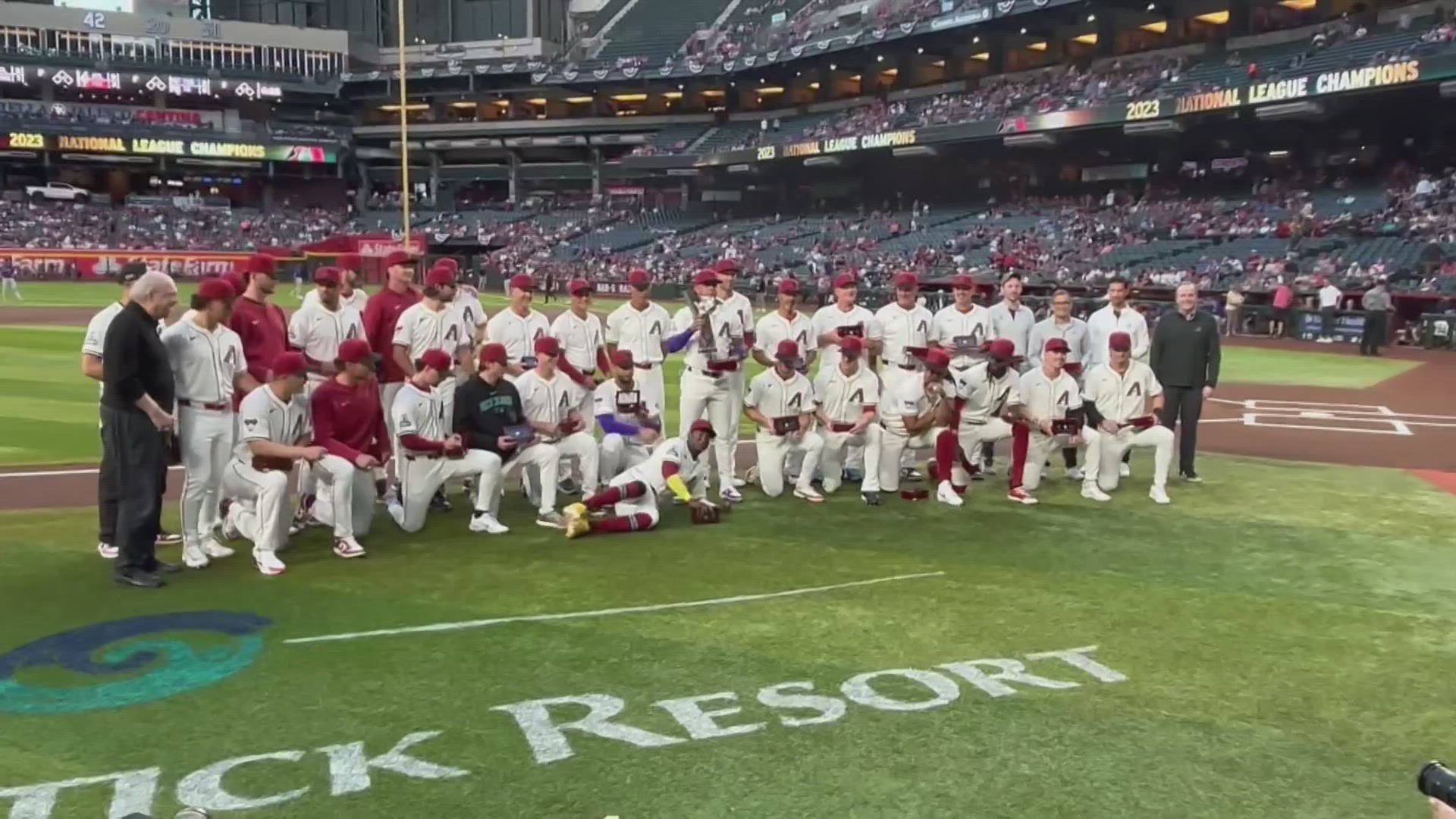 The D-backs got some bling before their win over the Rockies on Friday night, as they received their NL championship rings. Here's a look at the ceremony.