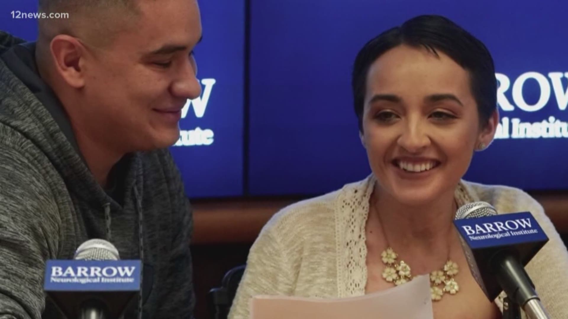Francisco and Jovanna Calzadillas spoke to the media at Barrow Neurological Institute in Phoenix about Jovanna's recovery and anticipation of getting back to their new normal.