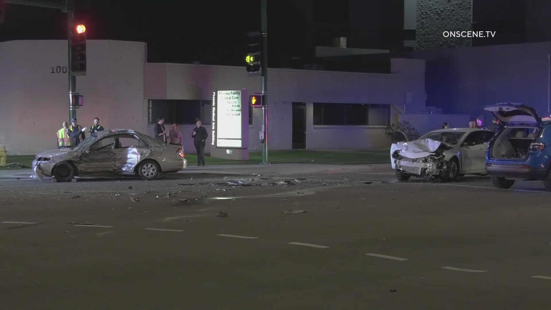 A man reportedly fled the scene after his vehicle was struck by another car that ran a red light, Phoenix police said.