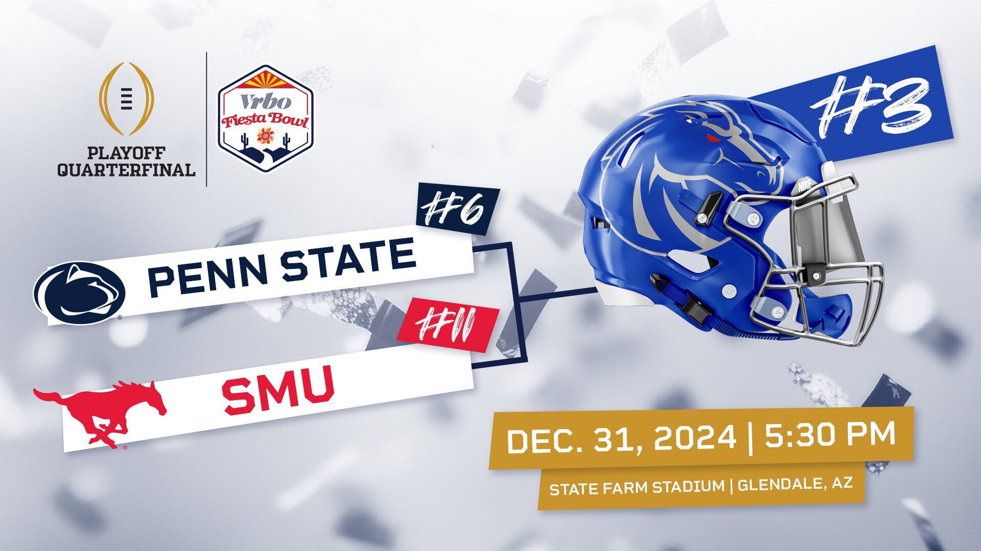 The matchup for the Fiesta Bowl, a College Football Playoff quarterfinal, was revealed and it won't feature ASU, but instead, Boise State.