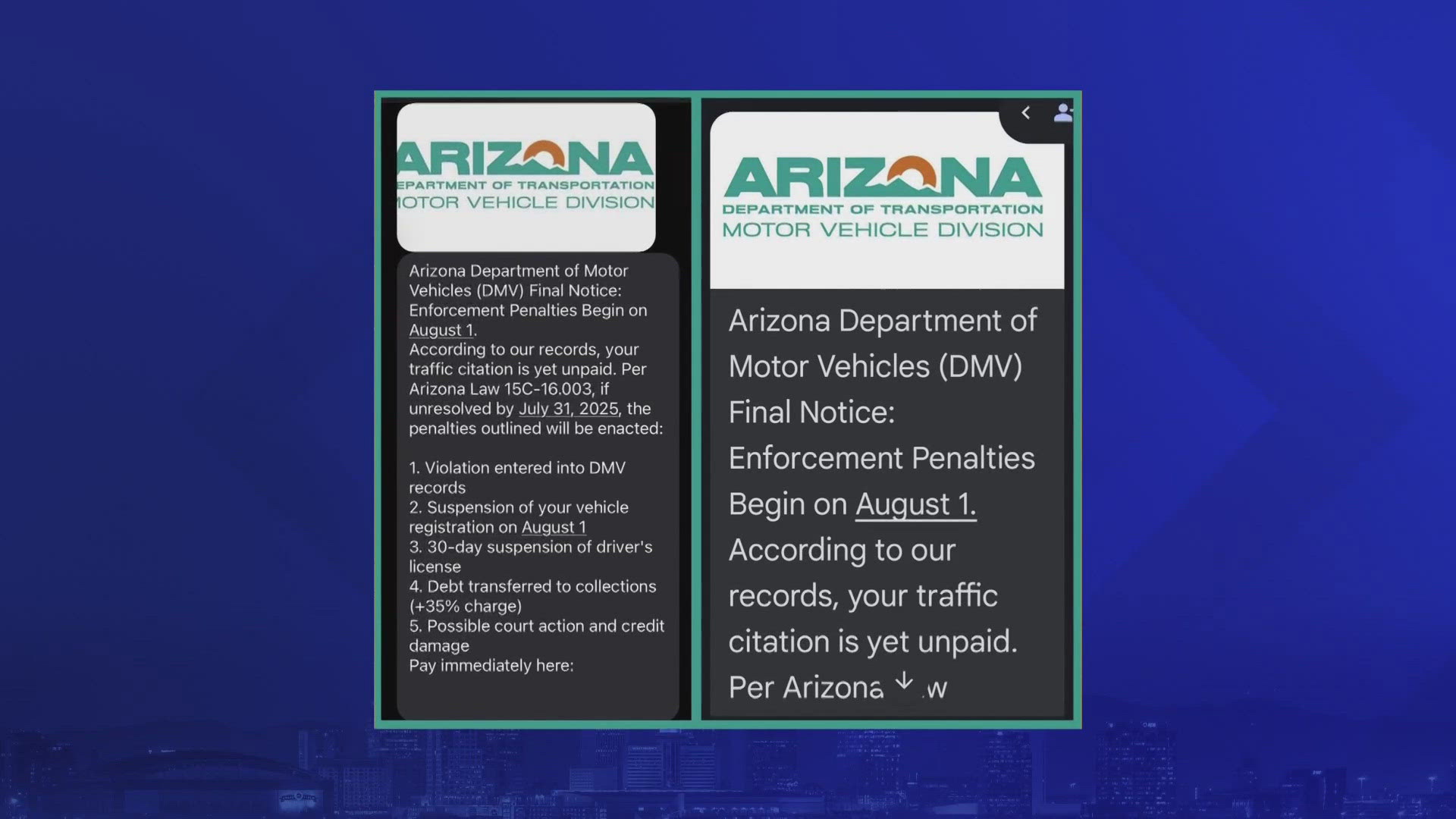 Scammers are apparently attempting to trick locals into believing they owe money to the fake "DMV" by utilizing Arizona's state logo.