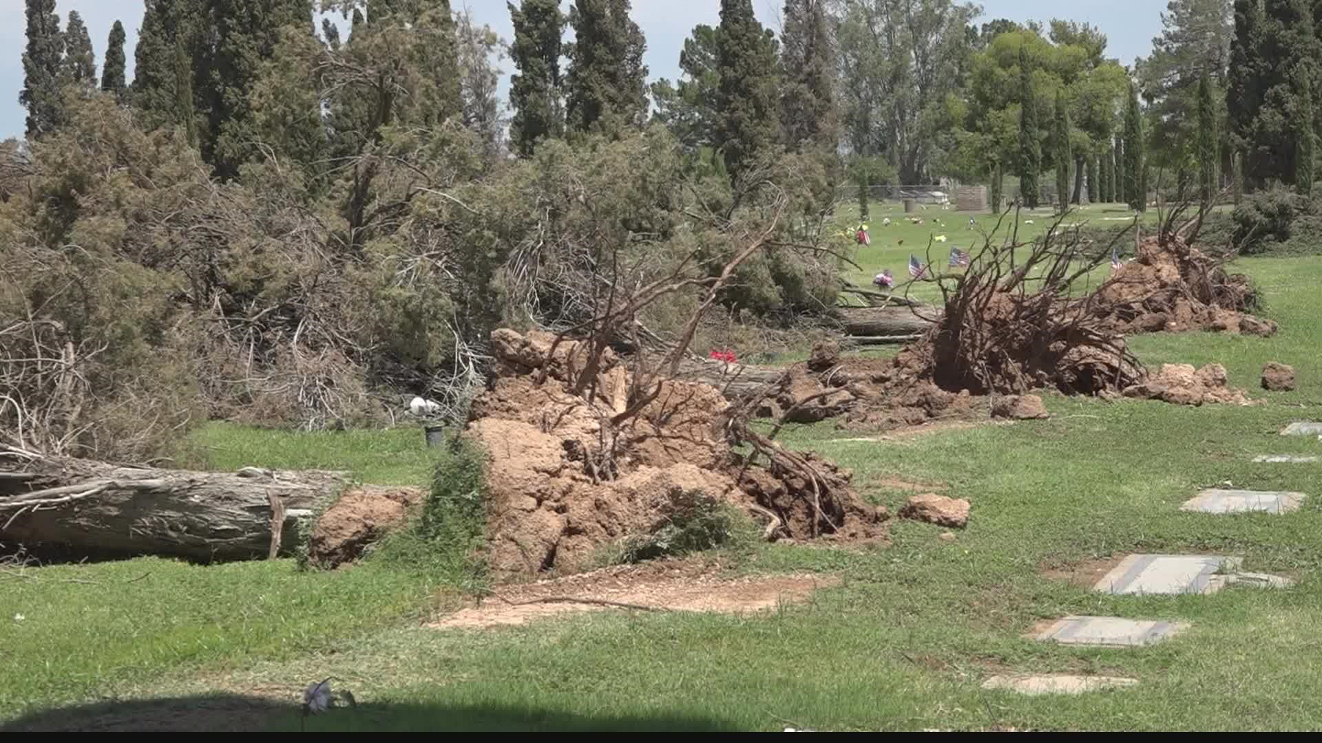 Crews are now cleaning up around the Mesa cemetery after monsoon storms ripped through the area this weekend. Colleen Sikora has the story.