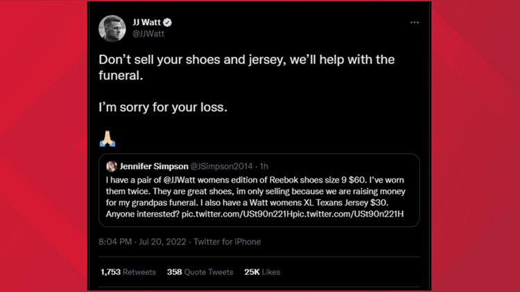 NFL star J.J. Watt offers to cover the cost of a funeral after woman tweets  about selling shoes to raise money