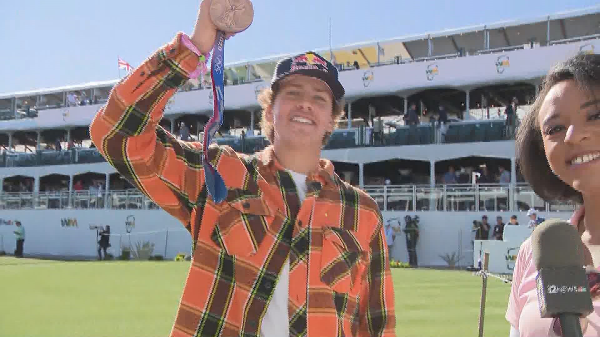 Olympic bronze medalist and skateboarder Jagger Eaton is out at the WM Phoenix Open. In an interview with 12 News, he said he is gifting the medal to his mom.