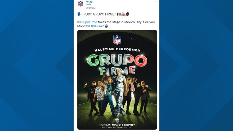 Se presenta Grupo Firme en medio tiempo del partido de fútbol americano en México
