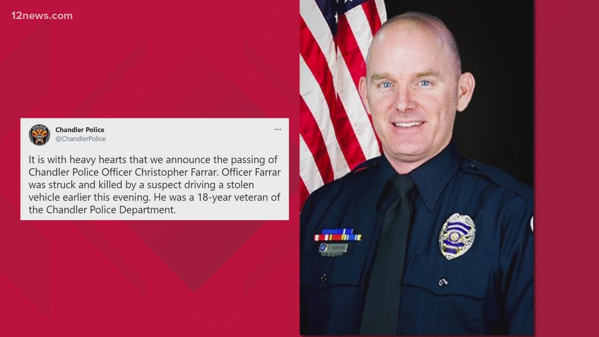 A Chandler police officer was struck and killed by a person driving a stolen vehicle on Thursday night, police said Friday. Team 12's Mitch Carr has the latest.