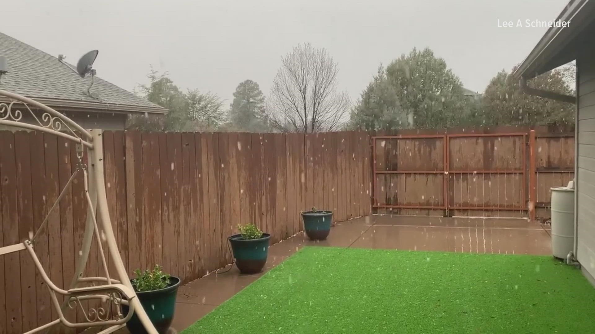 12 News Weather Watcher Lee A Schneider shared video of snow falling in his backyard in Payson, Arizona on Feb. 16, 2022.