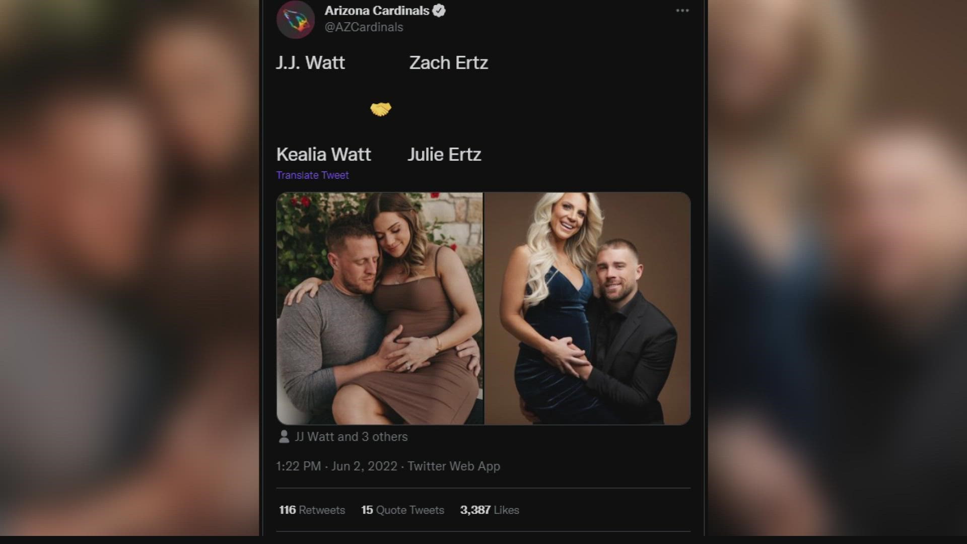 Cardinals defensive end JJ Watt and his wife Kealia Ohai Watt took to Twitter to share the pregnancy news and show off photos to celebrate the announcement.