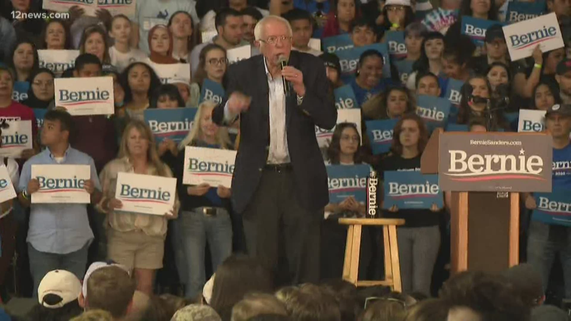 Bernie Sanders spoke at a Phoenix rally Thursday night. He addressed his supporters at Arizona Veterans Memorial Coliseum.
