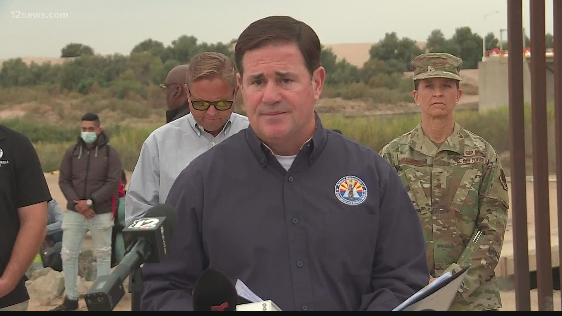 Arizona Gov. Doug Ducey traveled to Yuma Tuesday where Border Patrol has seen a large increase in the number of migrants crossing the border in southwestern Arizona.