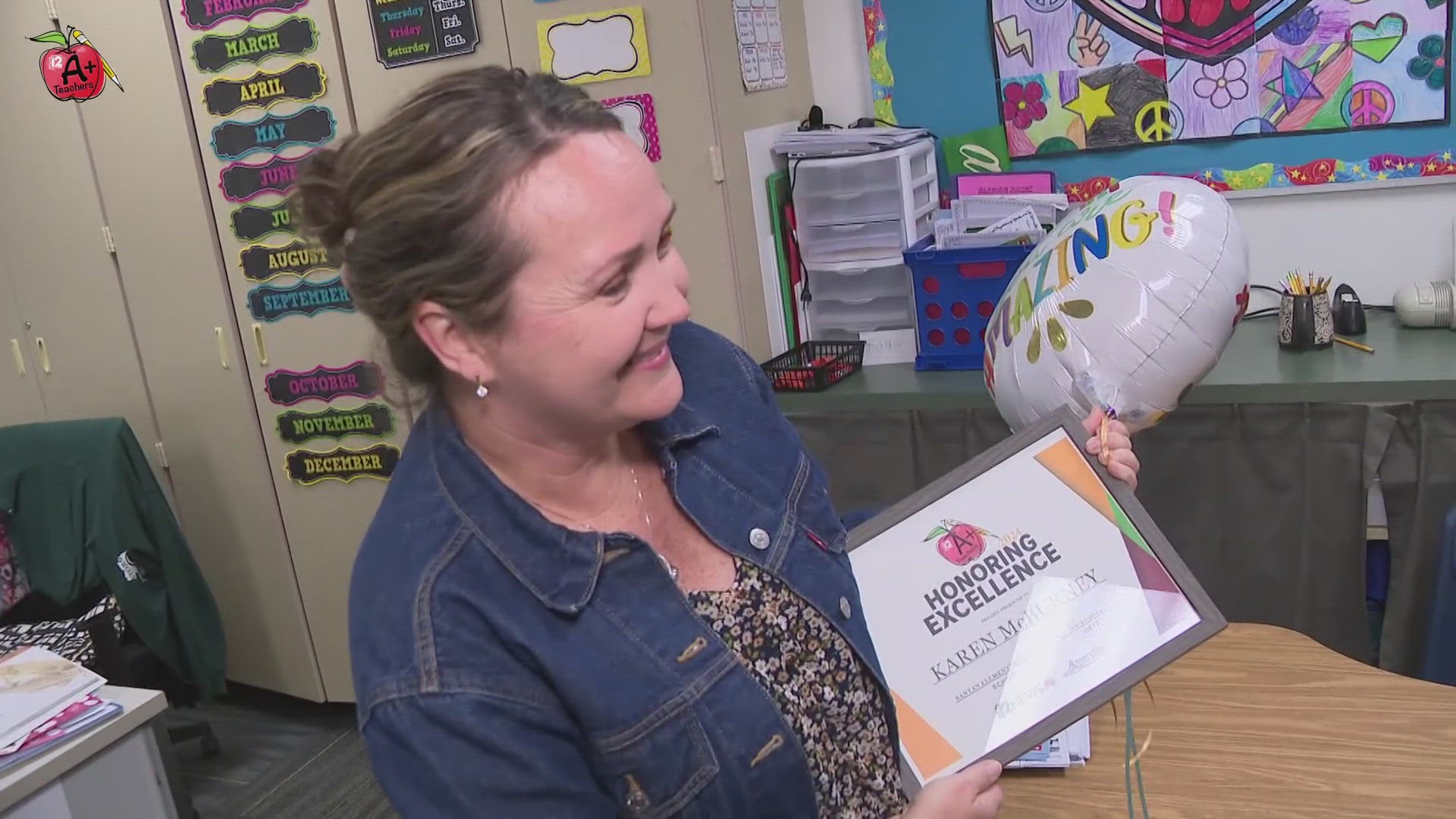 Karen McBurney, a 1st grade teacher at Santan Elementary in Chandler, is the May 2024 12News A+ Teacher! A former student and a parent helped recognize her!