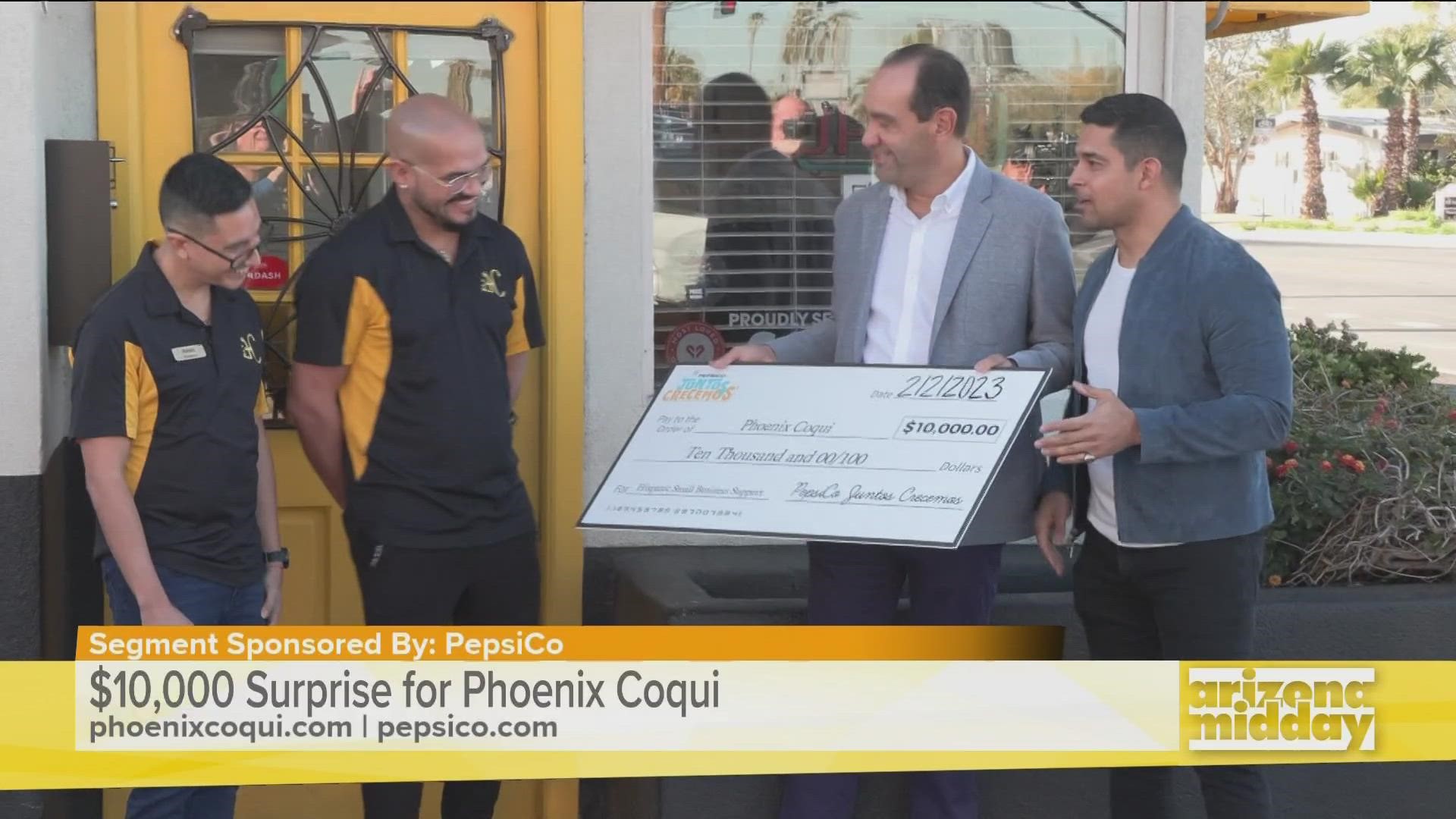 Actor Wilmer Valderrama surprised 5 Hispanic-owned businesses, including Phoenix Coqui, with a check for $10,000 as part of PepsiCo’s Juntos Crecemos.
