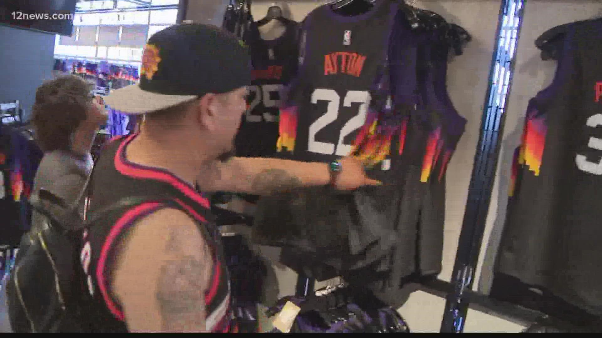 Phoenix Suns fans stood in line for hours Saturday as a restock of "The Valley" jerseys became available for purchase at the Footprint Center.