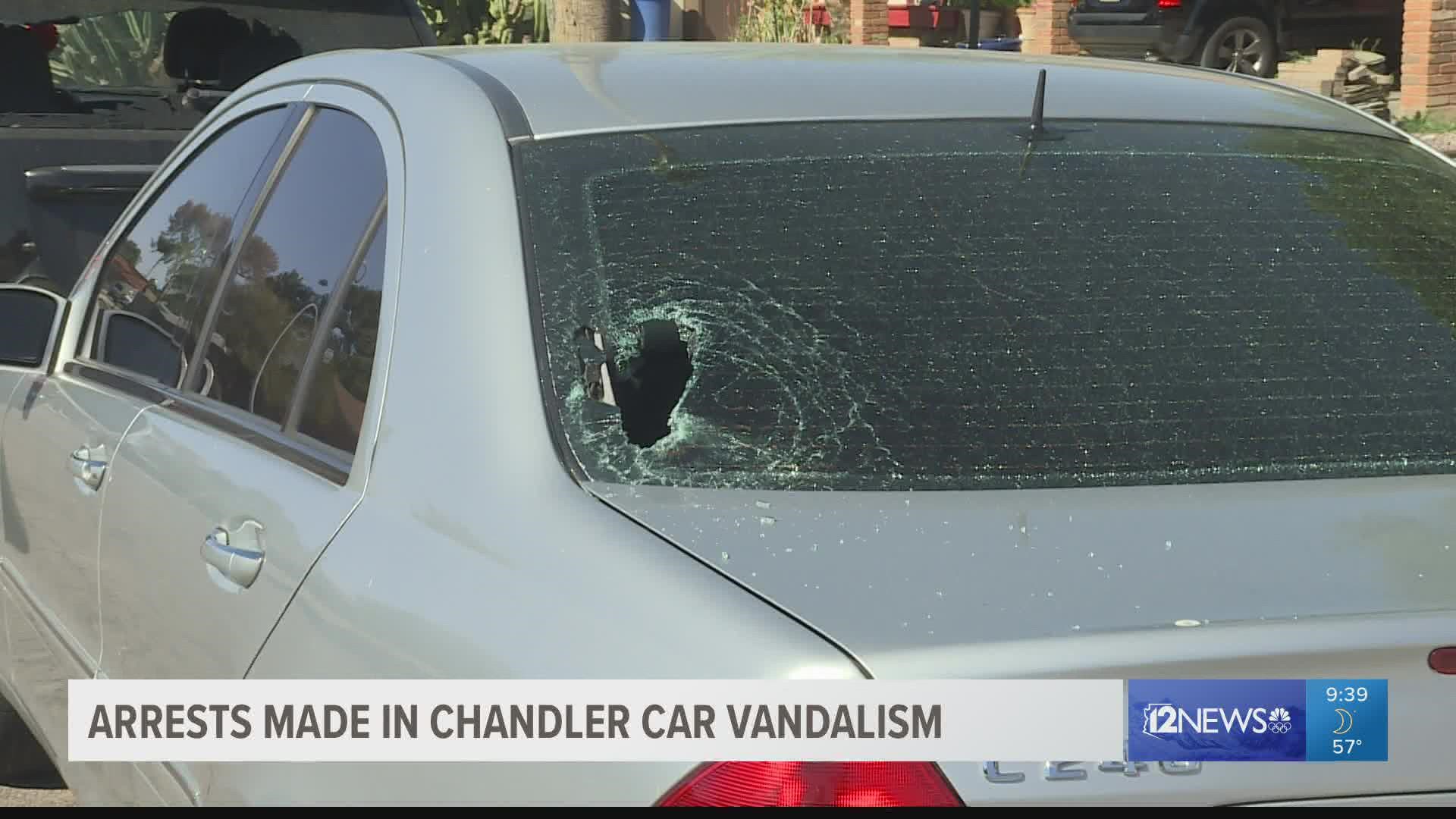 Authorities detained three juveniles and a 19-year-old accused of vandalizing several cars in Chandler.