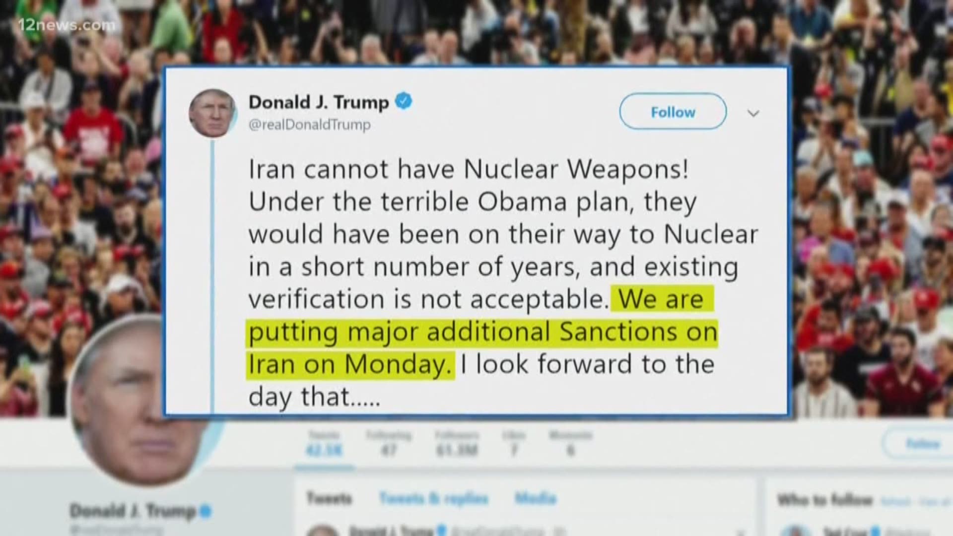 President Donald Trump said he doesn't want war with Iran, but is doubling down on major economic sanctions. NBC News' Jennifer Johnson has the latest.