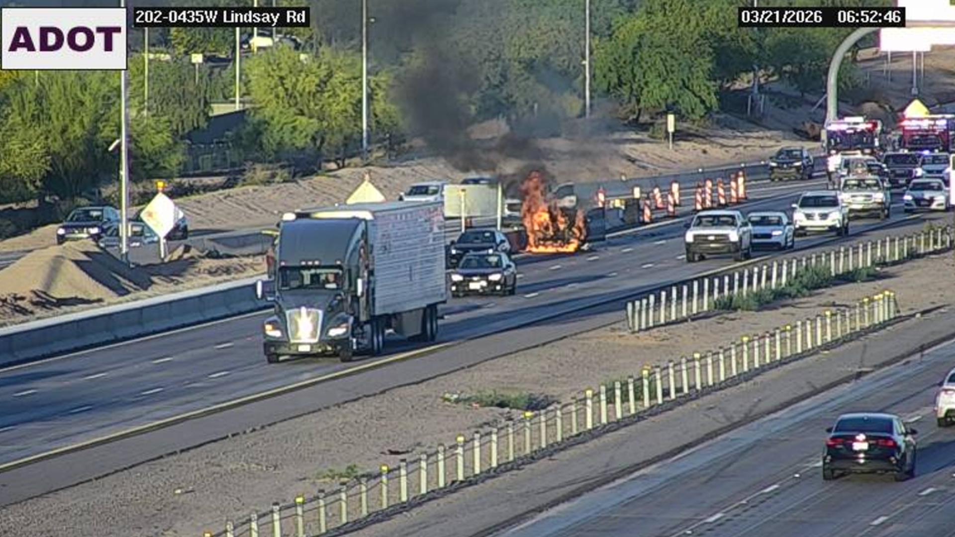 Car catches on fire after 2-vehicle crash along Loop 202 in Gilbert ...