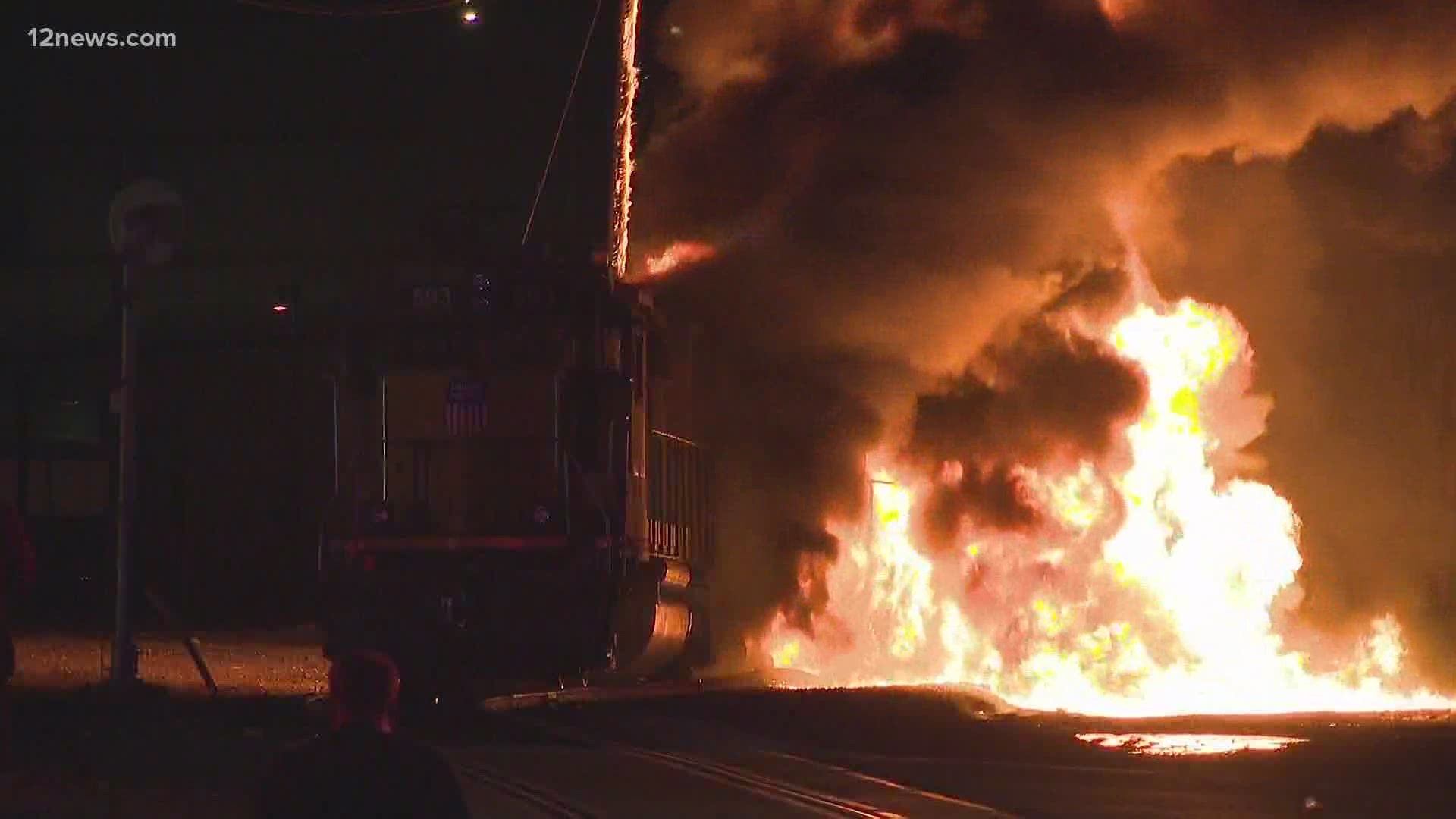 The fire burned near 9th and Buchanan streets and smoke could be seen across the city skyline.