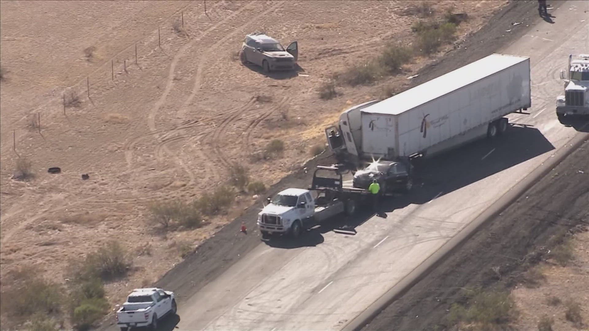 A semi-truck may have jack-knifed, authorities say.