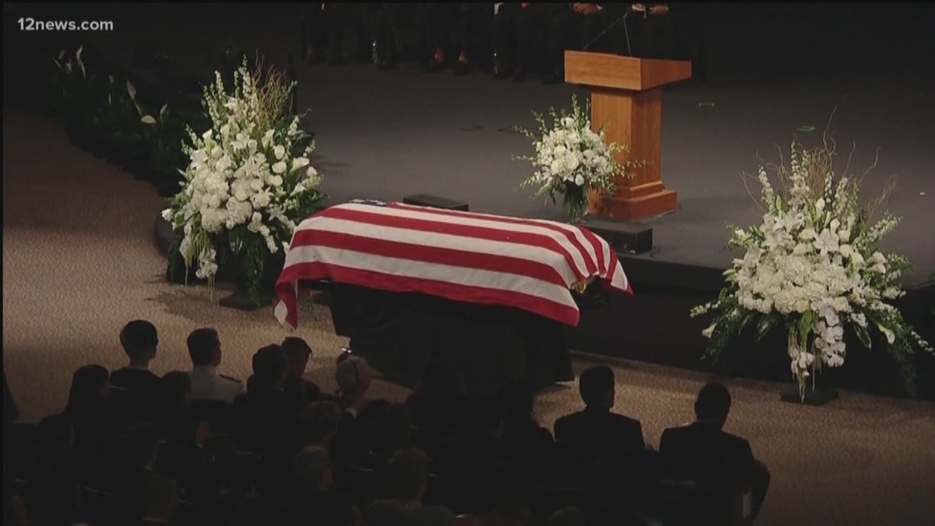 12 News broadcast of the funeral of Sen. John McCain in Phoenix, Arizona, at the North Phoenix Baptist Church on August 30, 2018. 12News.com/McCain