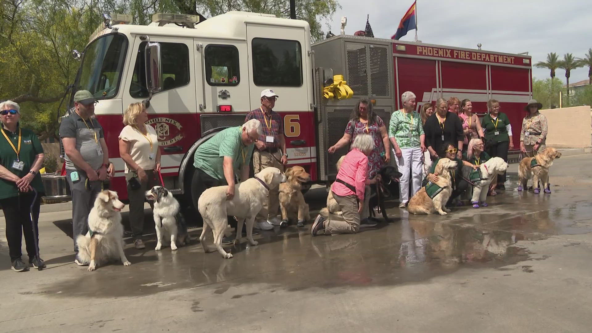 The crisis response team and firefighter got together to help acclimate the dogs to working a house fire.