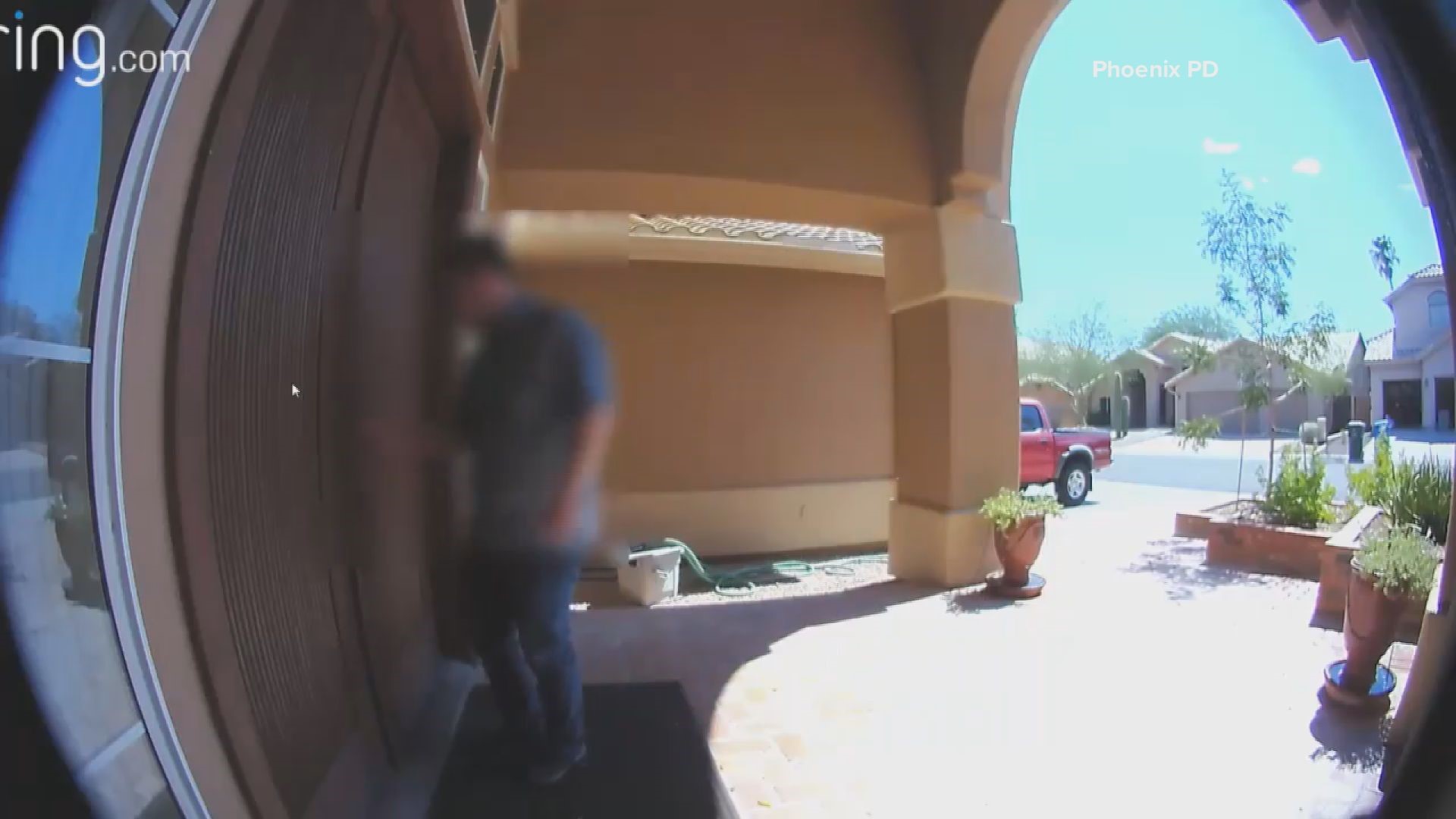 Phoenix PD has released video from a doorbell camera that shows a teen arrives home around 3:00 pm on Tuesday. Moments later a suspicious vehicle and person arrive at the home on South 20th Place in Phoenix. The person exits a red pickup truck and walks to the front door where he tries to open the door without knocking or ringing the doorbell. The teen called his parents who then checked the doorbell camera.