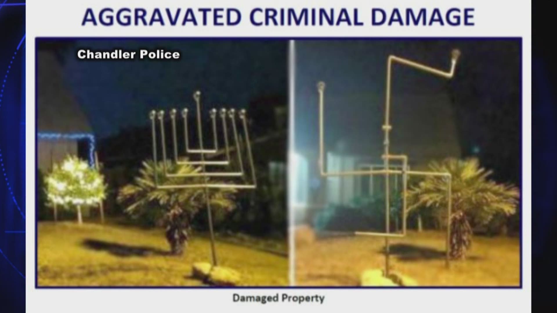 1 man and 3 juveniles face a multiple charges for defacing a Chandler family's menorah back in December.