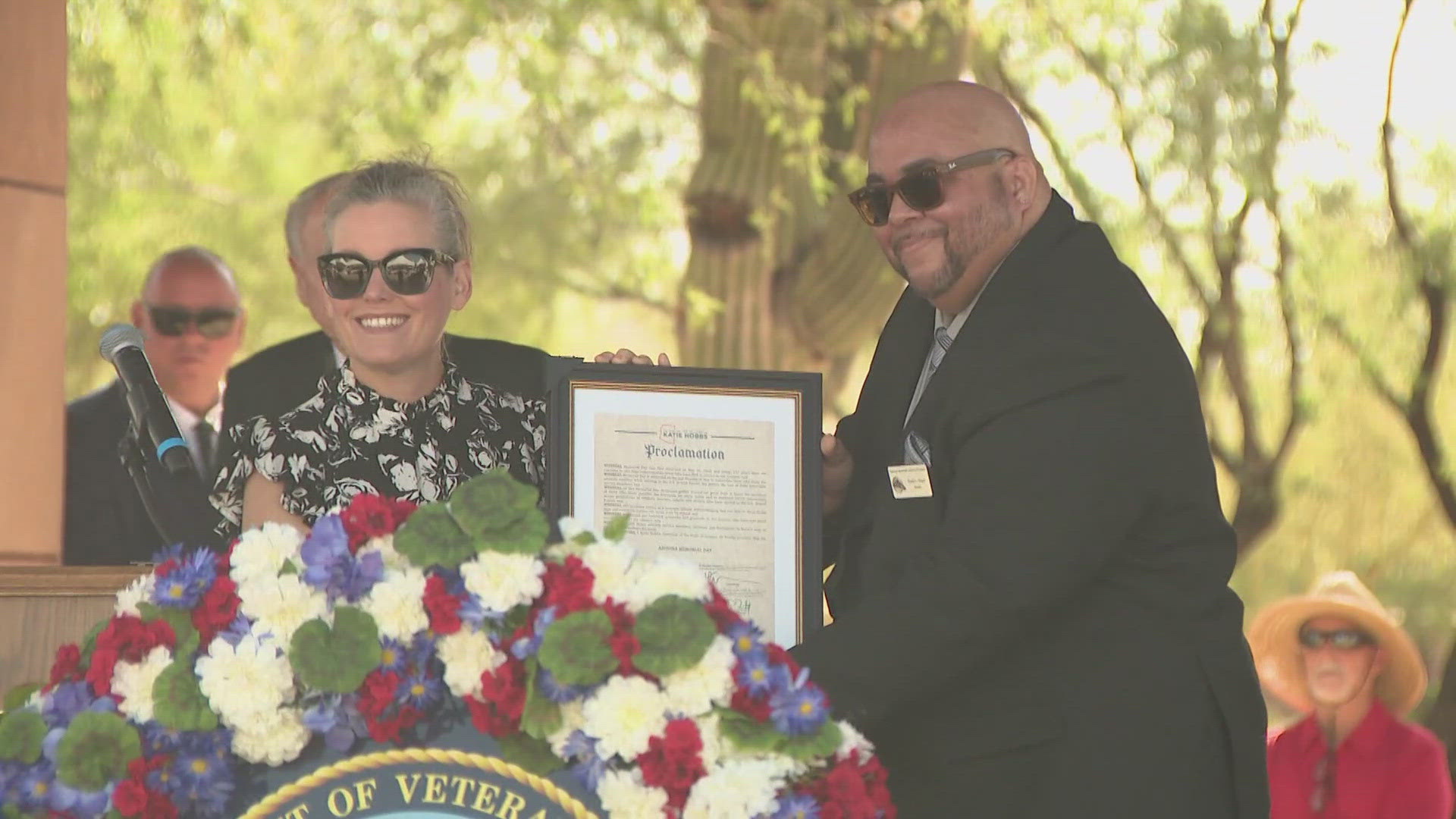 Arizona Gov. Katie Hobbs spoke at a Memorial Day ceremony in Phoenix and paid tribute to military service members, veterans and their families. 