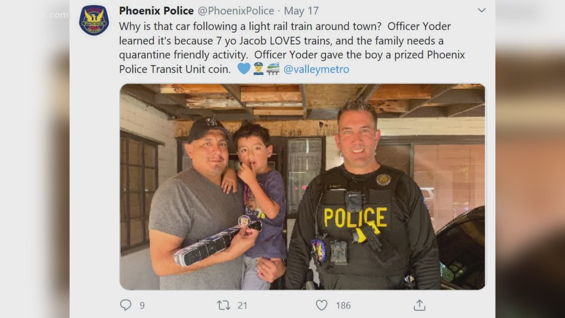 A family wanted to entertain their son, so they drove and followed the light rail. When an officer saw, he gave them a him a Police Unit Transit coin.