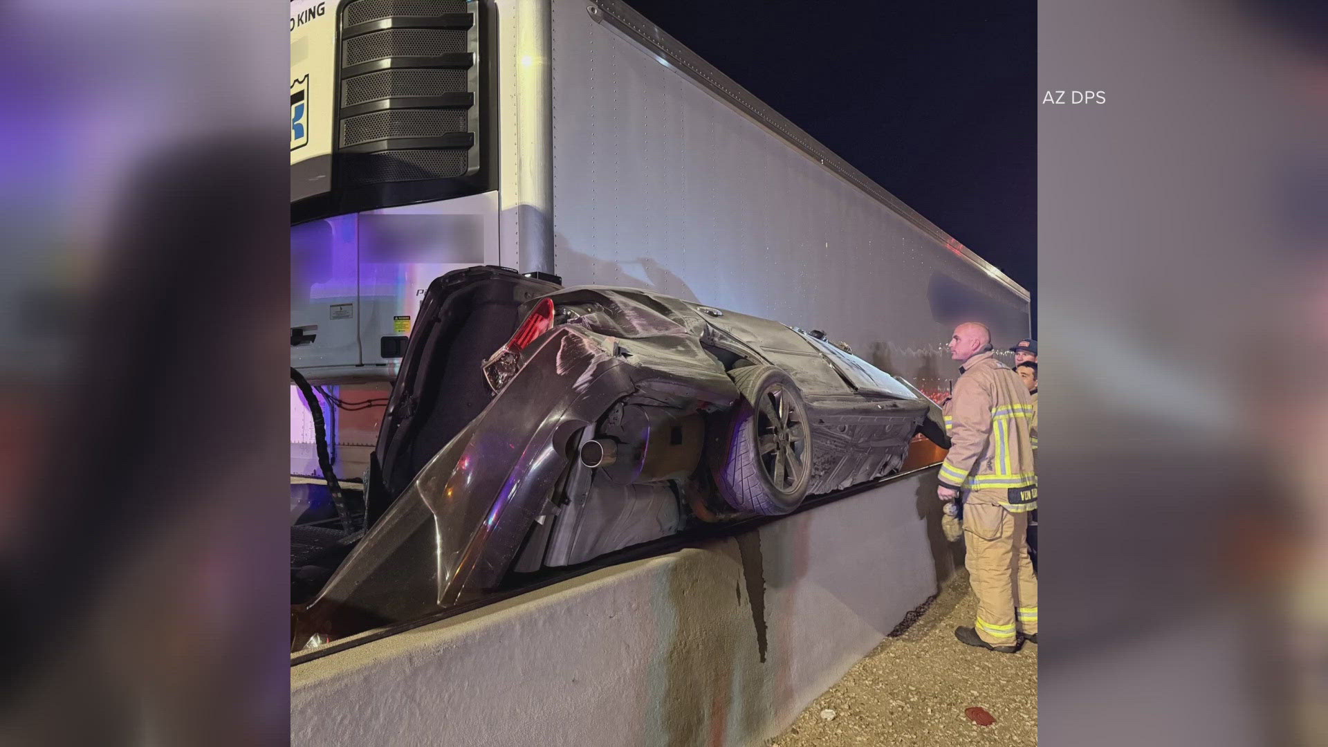 Arizona state troopers responded over the weekend to a crash on the Loop 202 involving a car being "pancaked" against a concrete barrier by a semi truck.